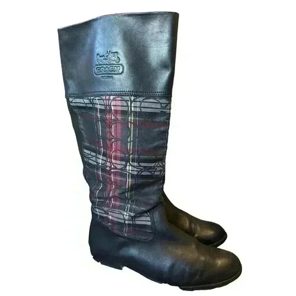 COACH CHRISSI BLACK LEATHER WITH MONOGRAM LOGO PLAID EQUESTRIAN BOOTS SIZE 8.5 - Picture 1 of 10